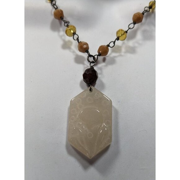 Vintage Carved Quartz Pendant Necklace With Beaded Chain - Picture 8 of 10